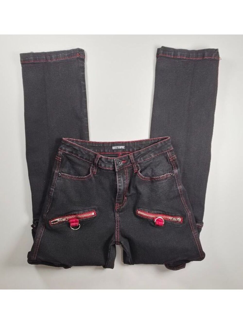 Hot Topic Goth Black Red Tripp Style Cargo Jeans Zip Off Star Flare Jeans 7 - Picture 10 of 10